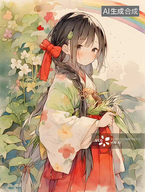 【AI数字艺术】清新插画户外花园果园汉服可爱的女孩图片素材