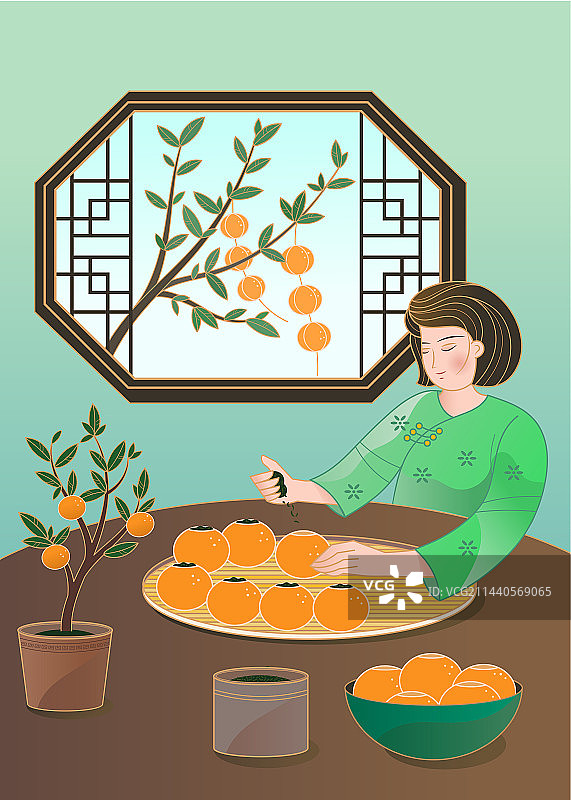 古装女子制作青柑茶矢量插画图片素材