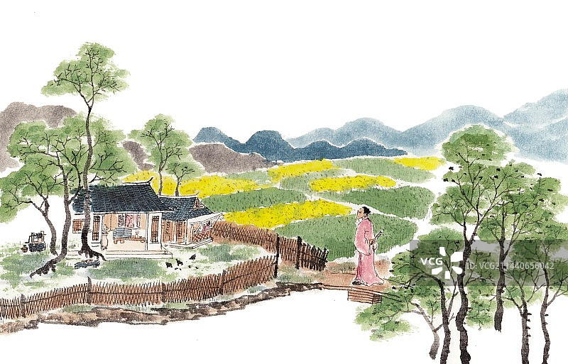 手绘水墨二十四节气插画小满图片素材