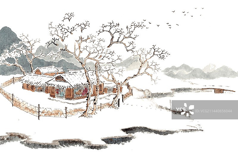 手绘水墨二十四节气插画小雪图片素材