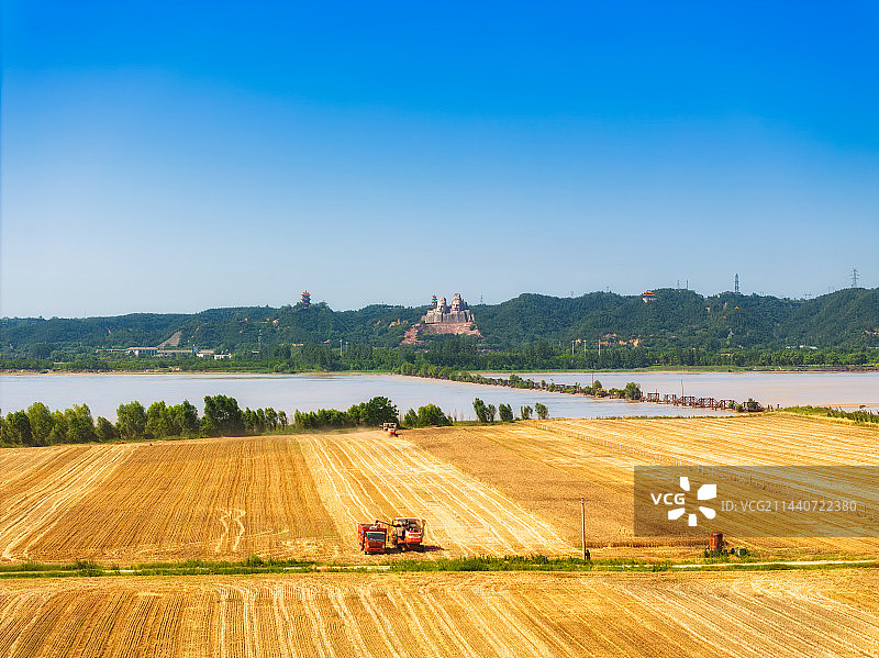 河南省郑州市黄河风景区（郑州黄河文化公园）炎黄二帝雕像与麦田芒种时节夏季户外航拍图片素材