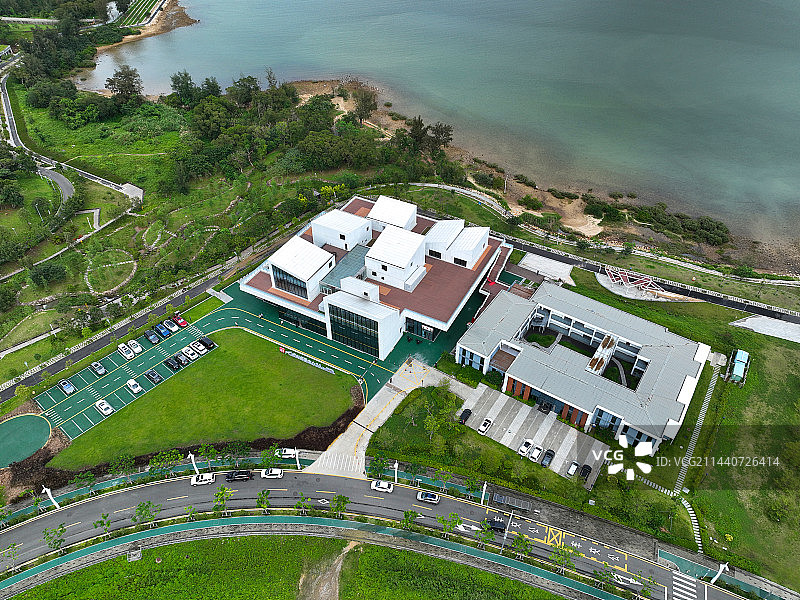 广东省深圳市大鹏新区深圳国际生物谷坝光展示厅与白沙湾公园航拍图片素材