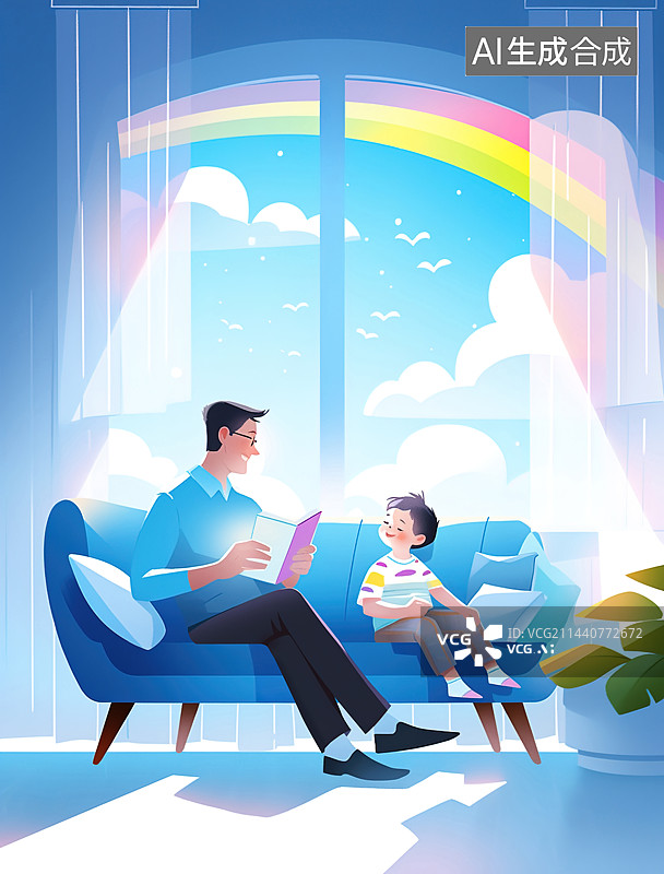 【AI数字艺术】父亲坐在沙发上陪孩子阅读插画图片素材
