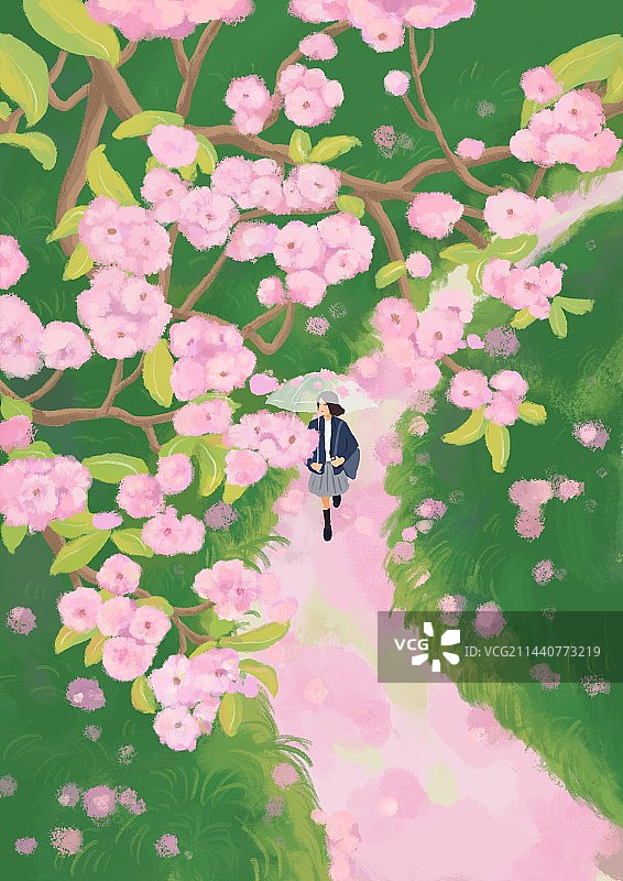 小路花下少女图片素材