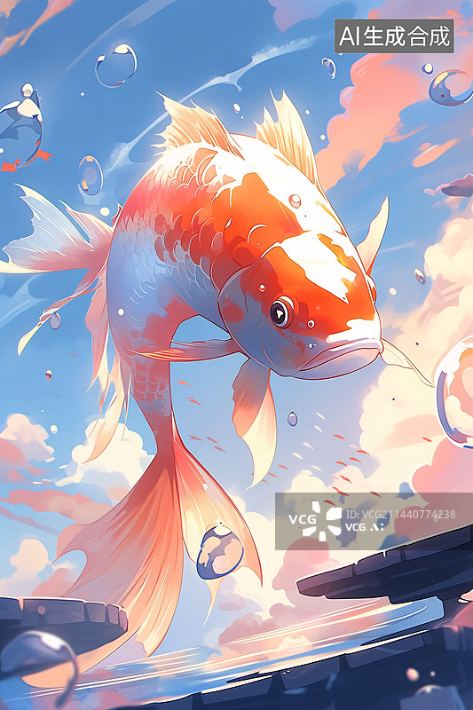 【AI数字艺术】鲤鱼跳龙门，锦鲤插画，国潮插画鱼跃龙门图片素材