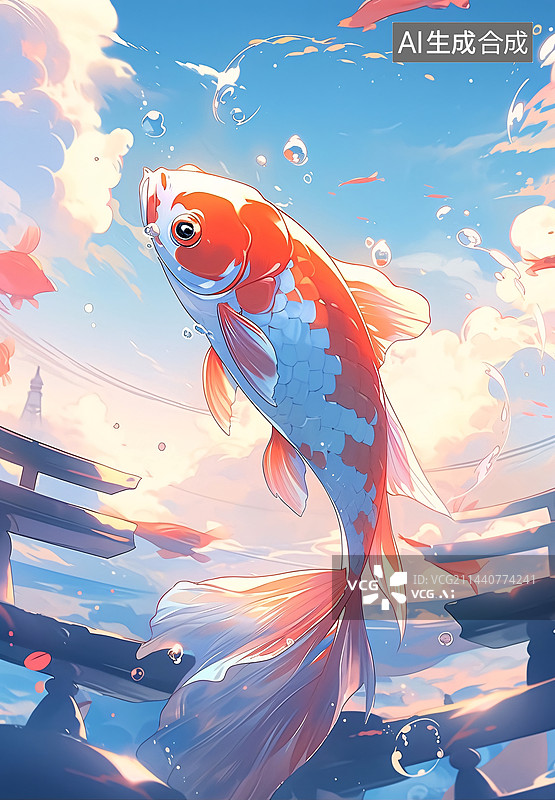 【AI数字艺术】鲤鱼跳龙门，锦鲤插画，国潮插画鱼跃龙门图片素材