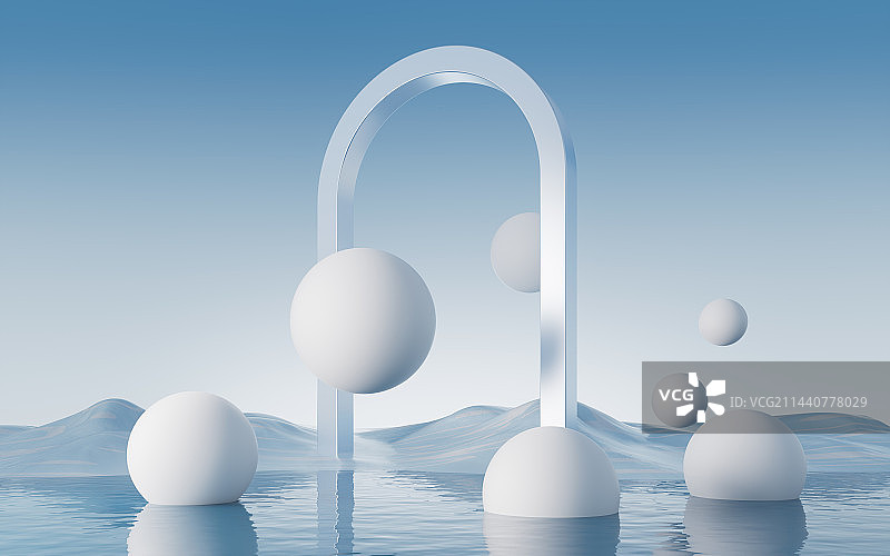 水面与球体超现实背景3D渲染图片素材