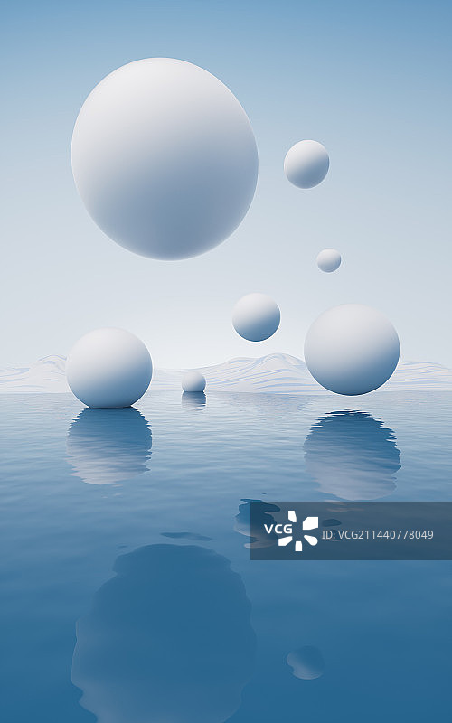 水面与球体超现实背景3D渲染图片素材