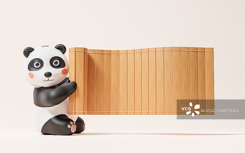 卡通大熊猫与中国风竹简3D渲染图片素材
