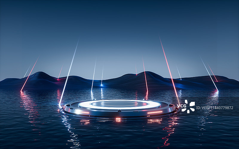 水面上的霓虹灯光线条3D渲染图片素材