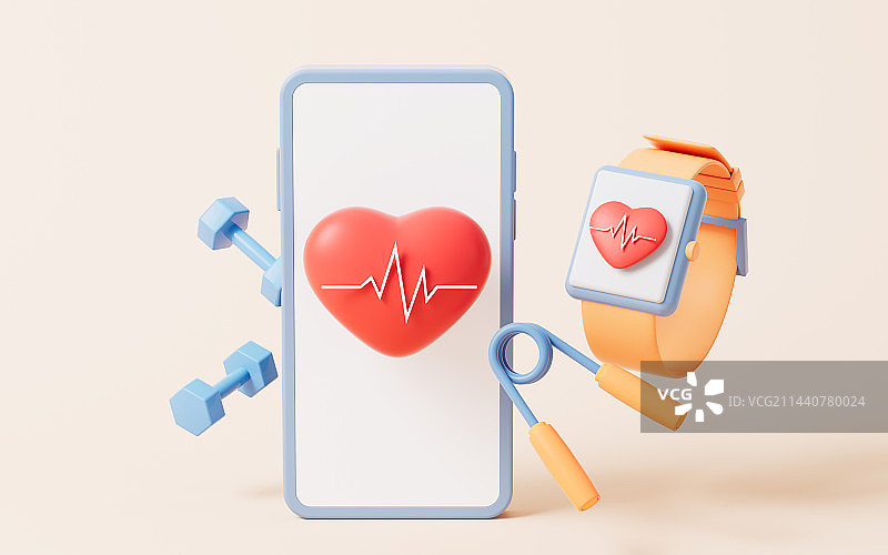 心脏与心电图3D渲染图片素材