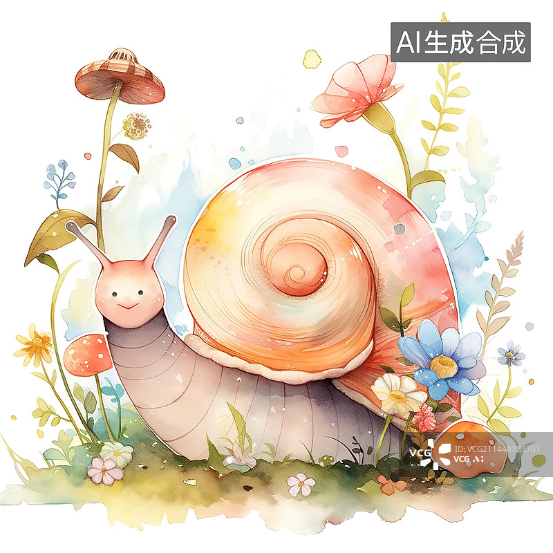【AI数字艺术】可爱蜗牛水彩插画图片素材