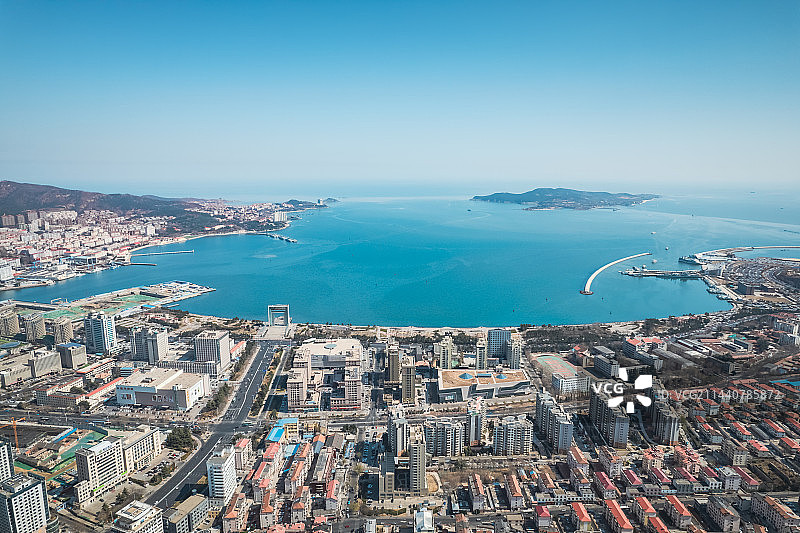 山东威海城市天际线全景航拍风光图片素材