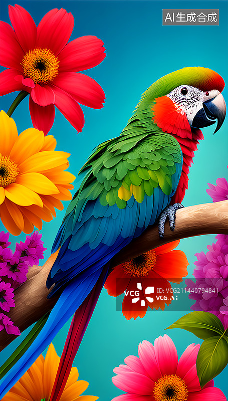 【AI数字艺术】金刚鹦鹉在春天彩色花卉中自然植物插画图片素材