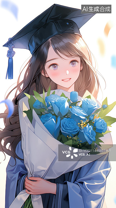 【AI数字艺术】漂亮的女学生穿着学士服手捧花束庆祝毕业图片素材