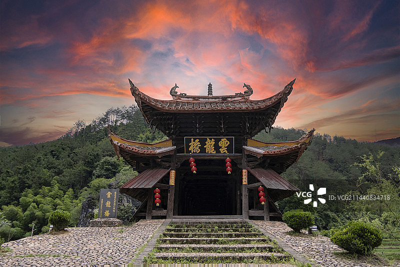 福建省龙岩市连城县云龙廊桥航拍图片素材