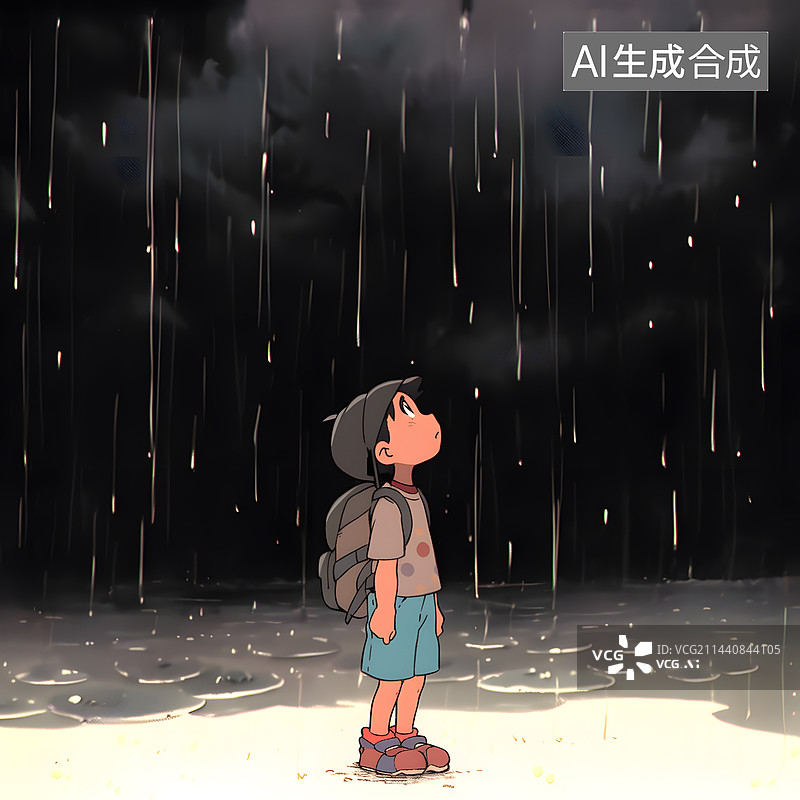 【AI数字艺术】AIGC:下雨天没打伞的孩子 插画图片素材