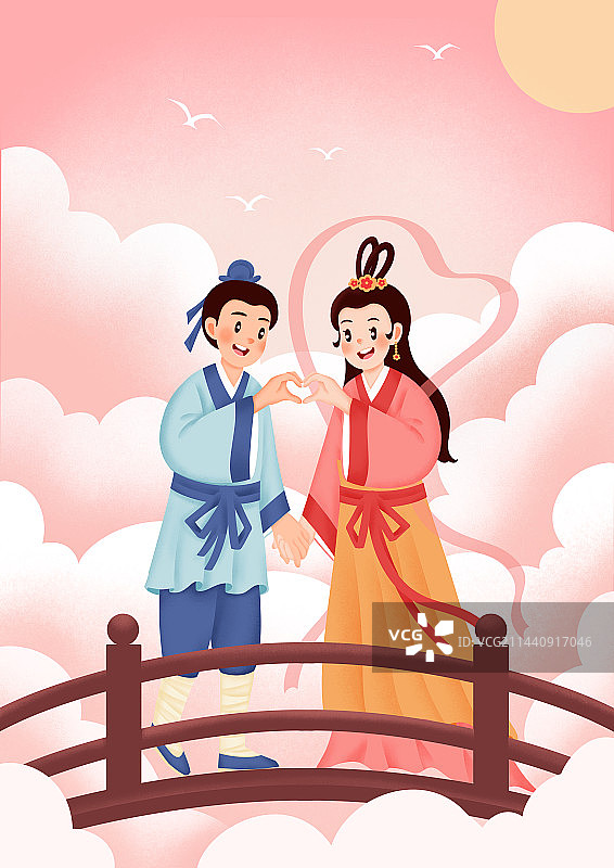 比心，七夕牛郎织女古装情侣相会图片素材