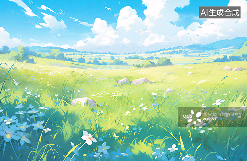 【AI数字艺术】夏天美丽的户外风景插画，广阔大地风景，绿色唯美卡通治愈风景插画图片素材