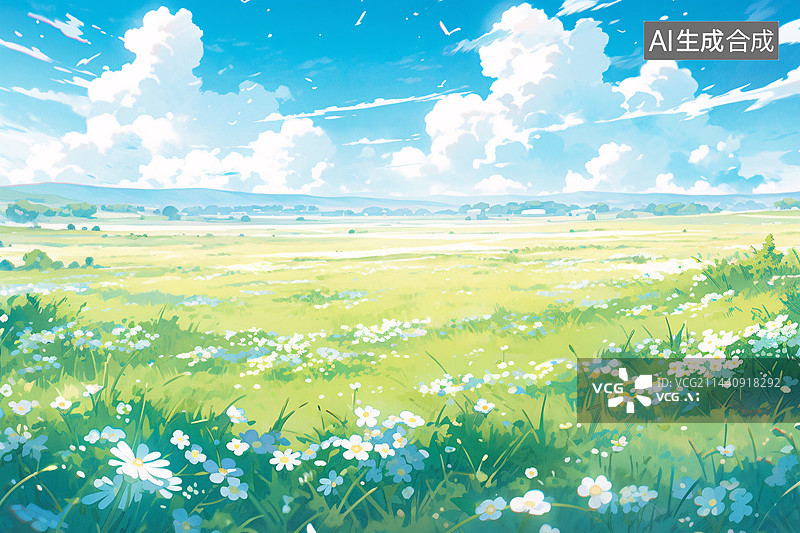 【AI数字艺术】夏天美丽的户外风景插画，广阔大地风景，绿色唯美卡通治愈风景插画图片素材