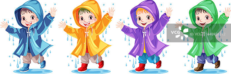 快乐的年轻孩子穿着雨衣图片素材