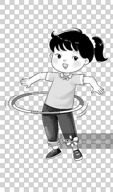 一个正在转呼啦圈的小女孩黑白图片素材