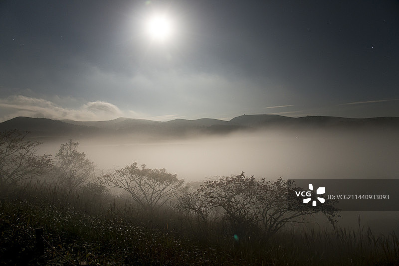日本长野县下诹访町八岛湿原的超级月亮夜景图片素材