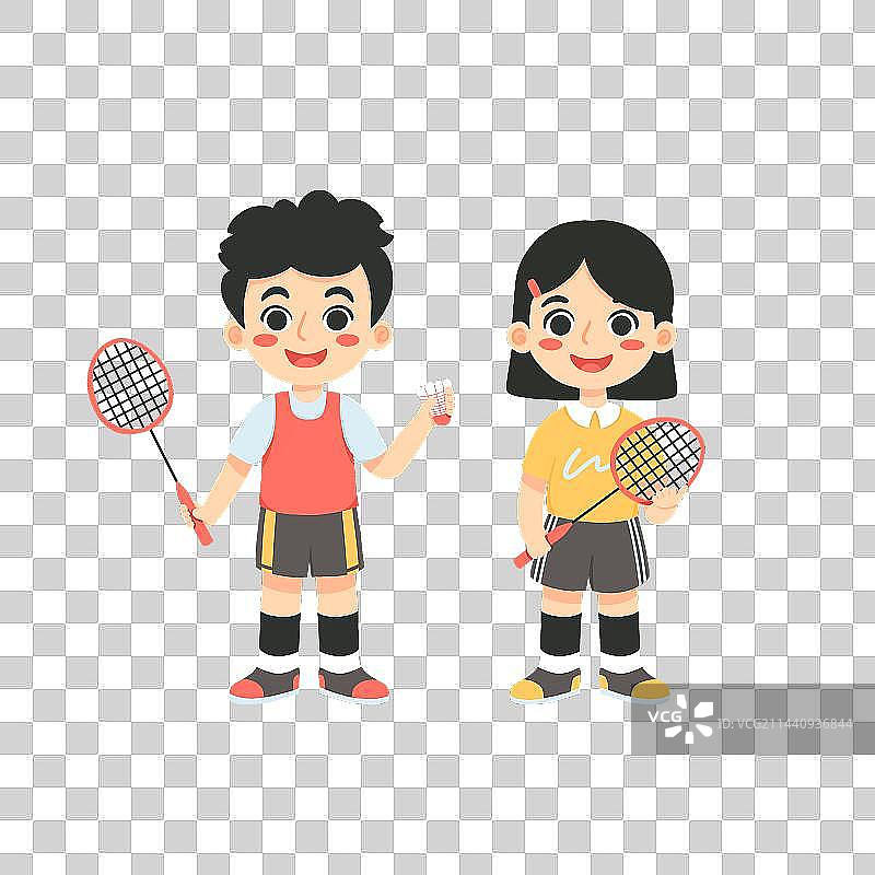 小学生运动打羽毛球手绘插画元素图片素材