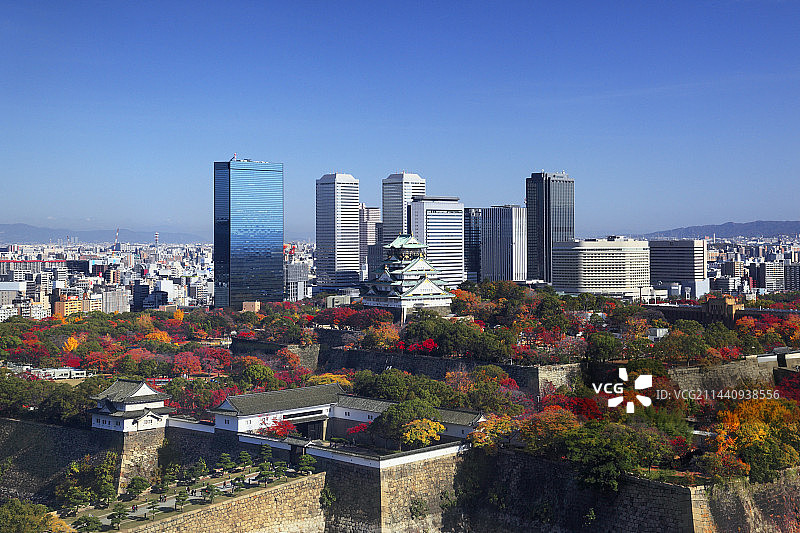 日本大阪中央区的大阪城和大阪商业园图片素材
