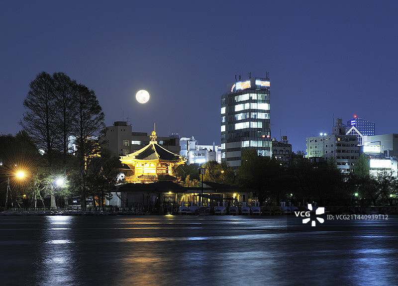 日本东京上野公园不忍池弁天堂的满月图片素材