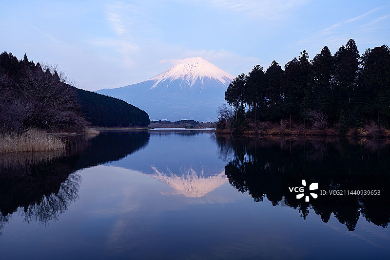 从田贯湖眺望富士山，日本静冈县富士宫市图片素材