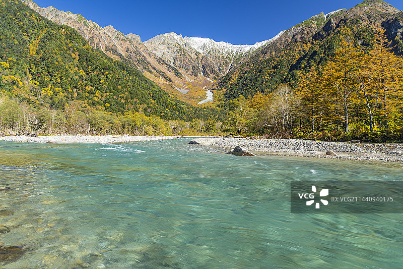 日本上高地梓川与穗高山脉，长野县松本市图片素材