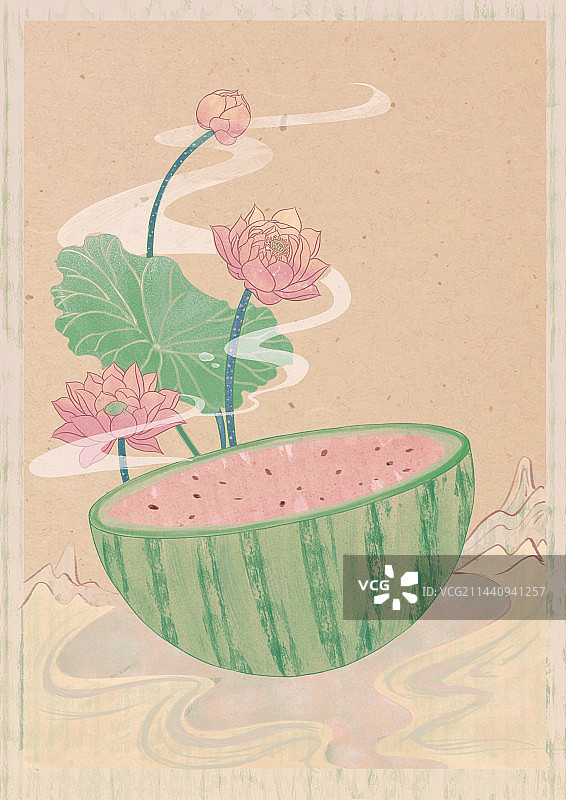 夏天西瓜荷叶插画图片素材