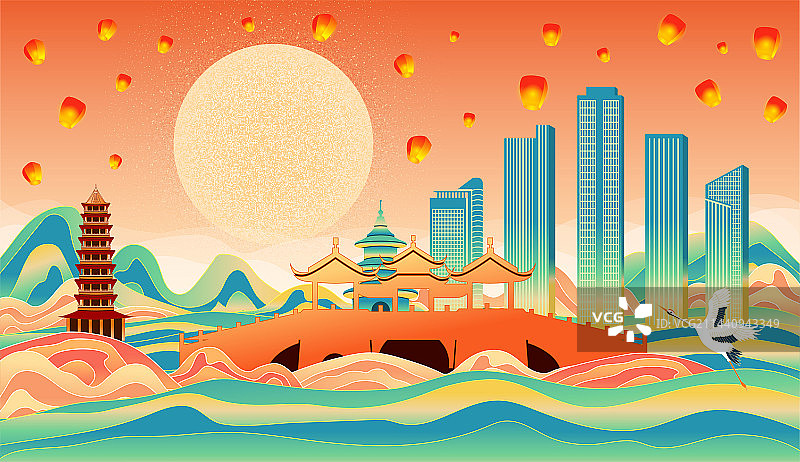 中国江苏扬州市城市节日国风海报插画图片素材