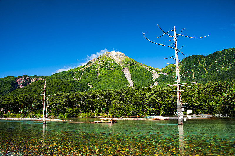 日本长野县上高地大正池与烧岳图片素材
