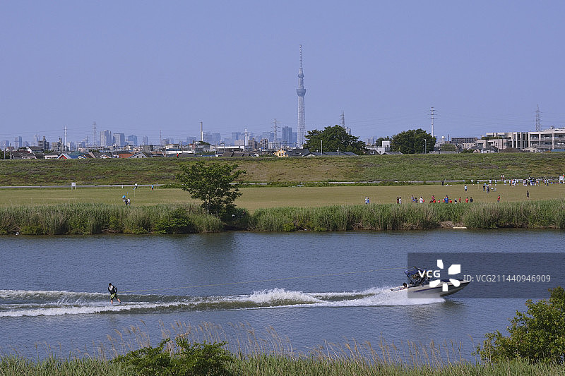 日本千叶县市川市的江户川和东京晴空塔图片素材
