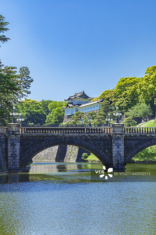春季日本东京千代田区二重桥与皇居图片素材
