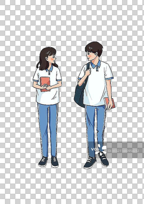 插画中学生形象男女生走路交谈图片素材