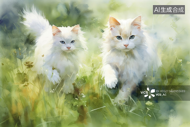 【AI数字艺术】草丛中奔跑嬉戏的小猫图片素材