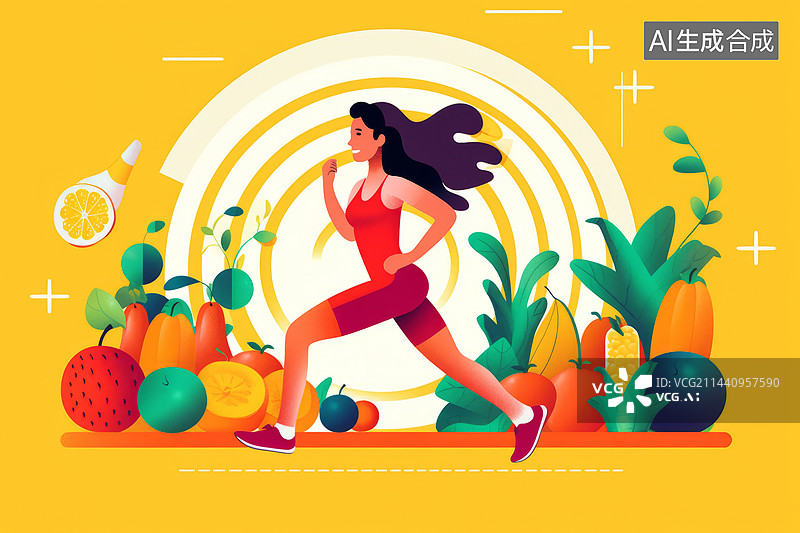 【AI数字艺术】跑步的人与健康饮食概念插画图片素材