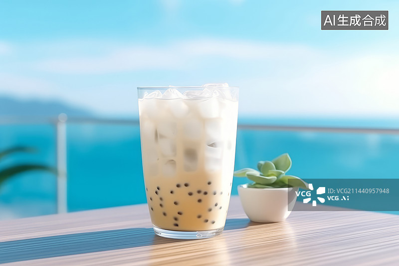 【AI数字艺术】夏天海边的冰奶茶饮料图片素材