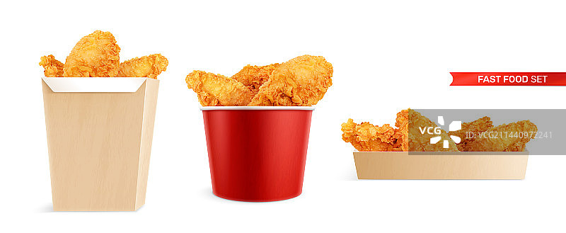 逼真的炸鸡桶套装图片素材