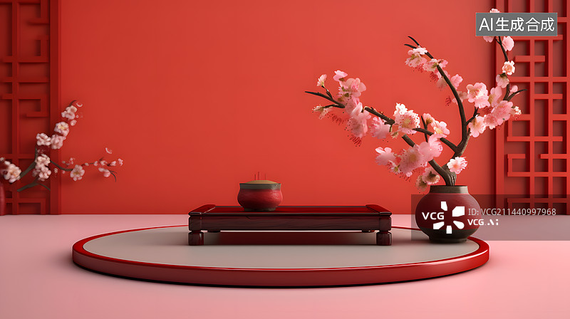 【AI数字艺术】3D中国红色古风展台展览背景设计图片素材