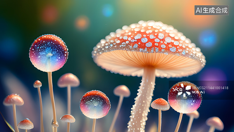 【AI数字艺术】丰富多彩的魅力星空小蘑菇群背景壁纸图片素材