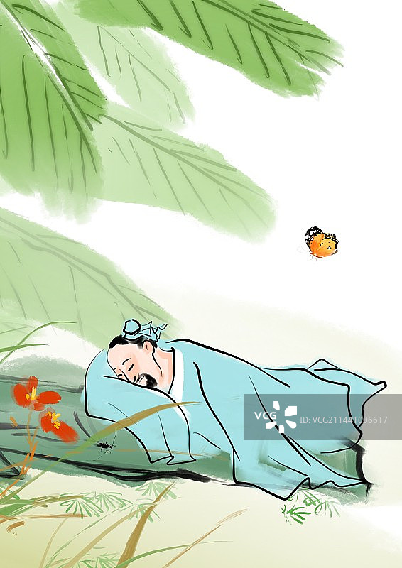 庄子庄周梦蝶古典风景图画书人物插画图片素材