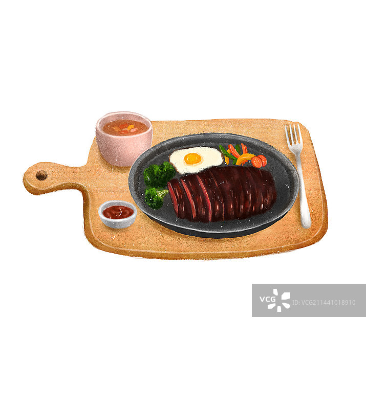 砧板上放着牛排套餐和罗宋汤图片素材