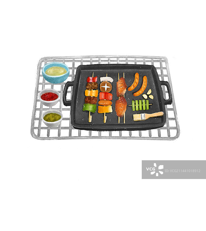 烤架上有烤串 香肠 鸡翅 辣椒 孜然和油的插画小场景图片素材