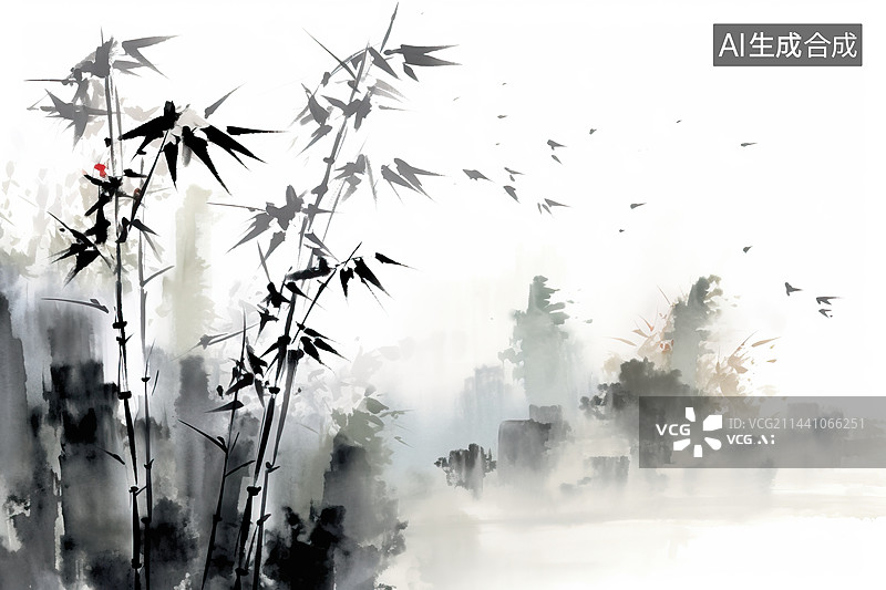 【AI数字艺术】中国风抽象竹林雪山诗意水墨画，新中式中国风墨竹画图片素材