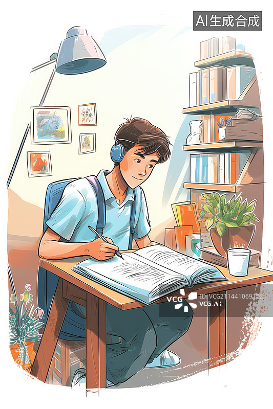 【AI数字艺术】男孩带着耳机在学习图片素材