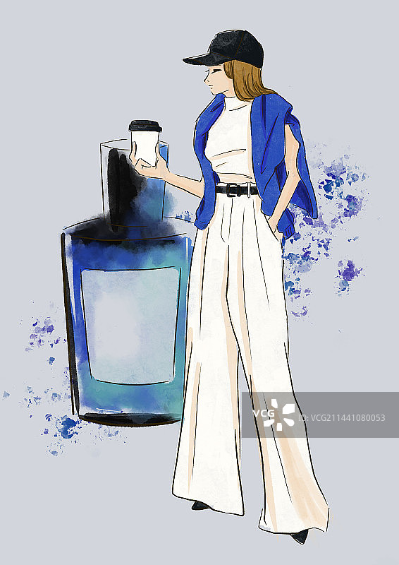 喝着咖啡的白衣女子图片素材